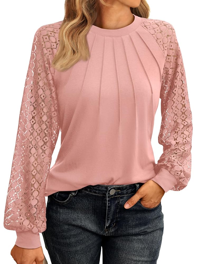 SUNBS Blouses for Women Lace Tunic Tops Crewneck Casual Fashion Long Sleeve Shirts