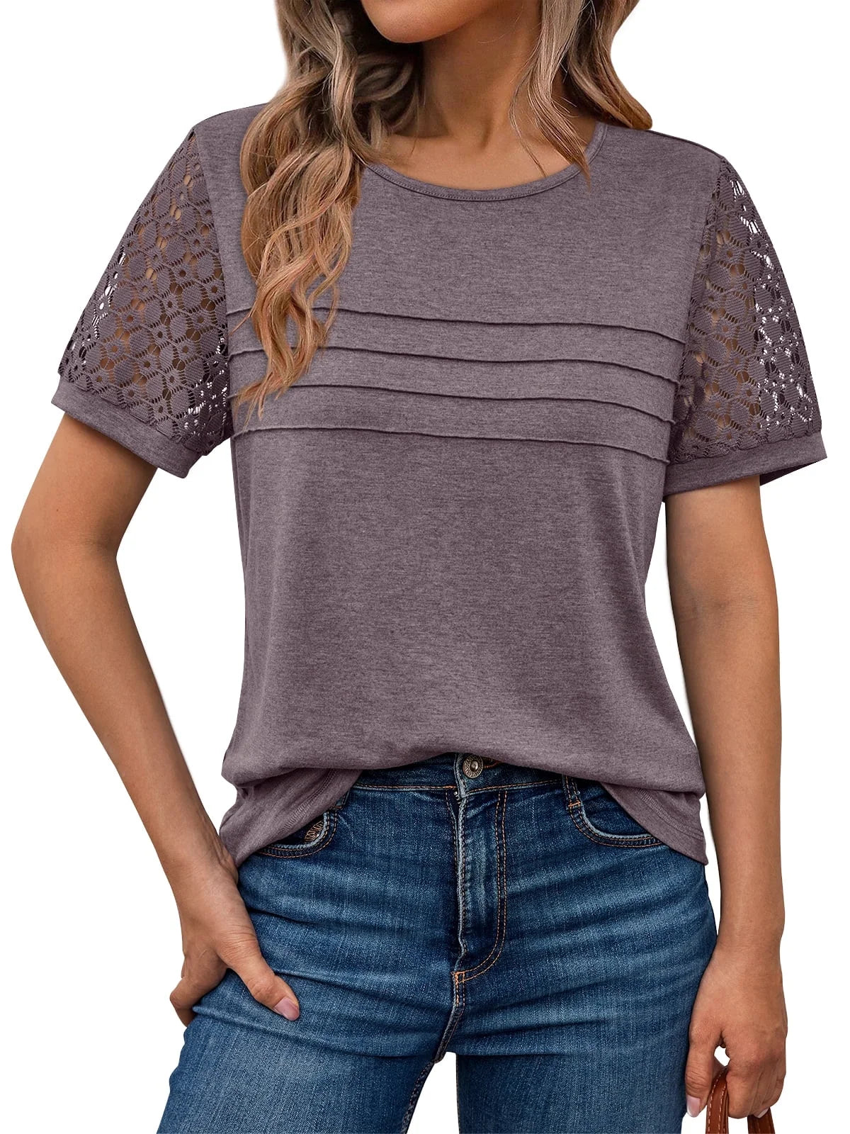 SUNBS Blouses for Women Short Sleeve Lace Tops Dressy Casual Tees 2025 Trendy