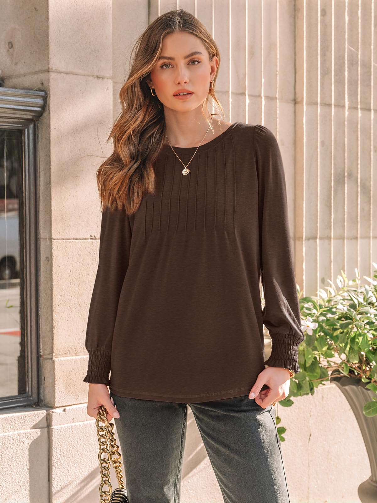 SUNBS Long Sleeve Shirts for Women Pleated Crewneck Fall Winter Casual Blouses, Sizes S-2XL