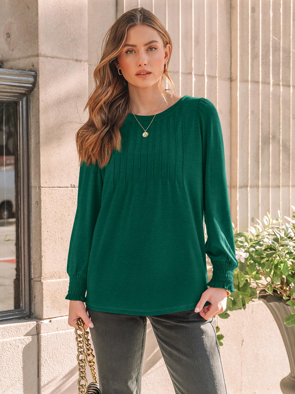 SUNBS Long Sleeve Shirts for Women Pleated Crewneck Fall Winter Casual Blouses, Sizes S-2XL