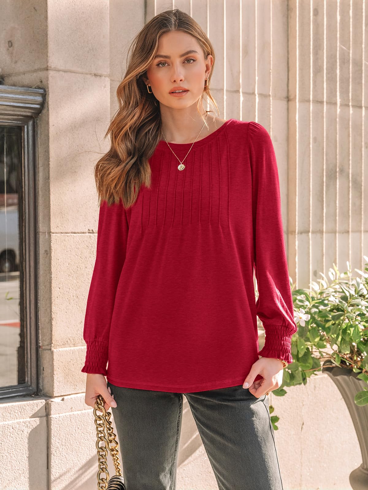 SUNBS Long Sleeve Shirts for Women Pleated Crewneck Fall Winter Casual Blouses, Sizes S-2XL