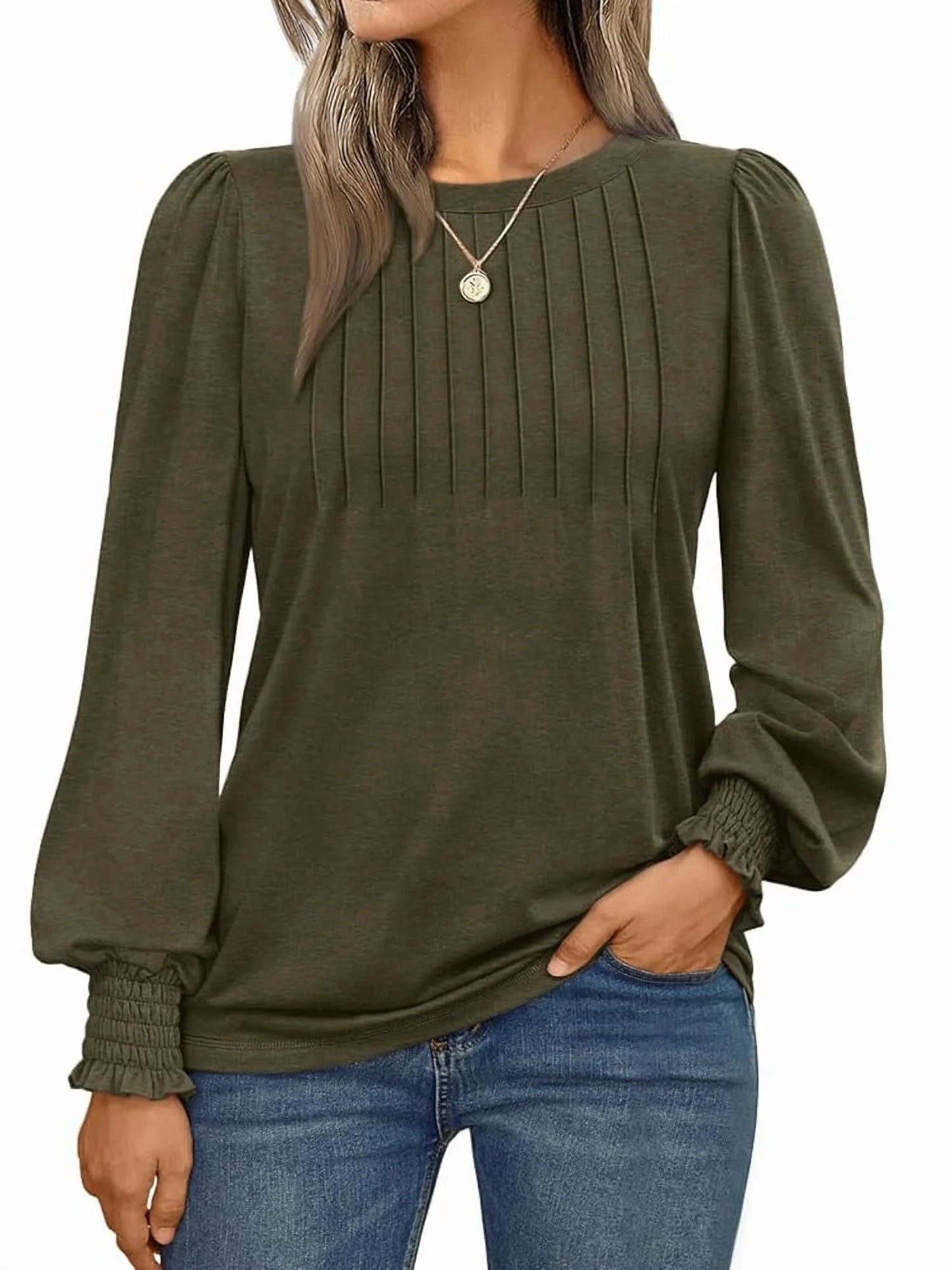 SUNBS Long Sleeve Shirts for Women Pleated Crewneck Fall Winter Casual Blouses, Sizes S-2XL