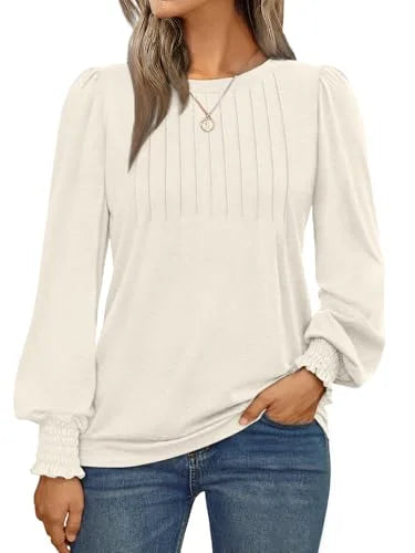 SUNBS Long Sleeve Shirts for Women Pleated Crewneck Fall Winter Casual Blouses, Sizes S-2XL