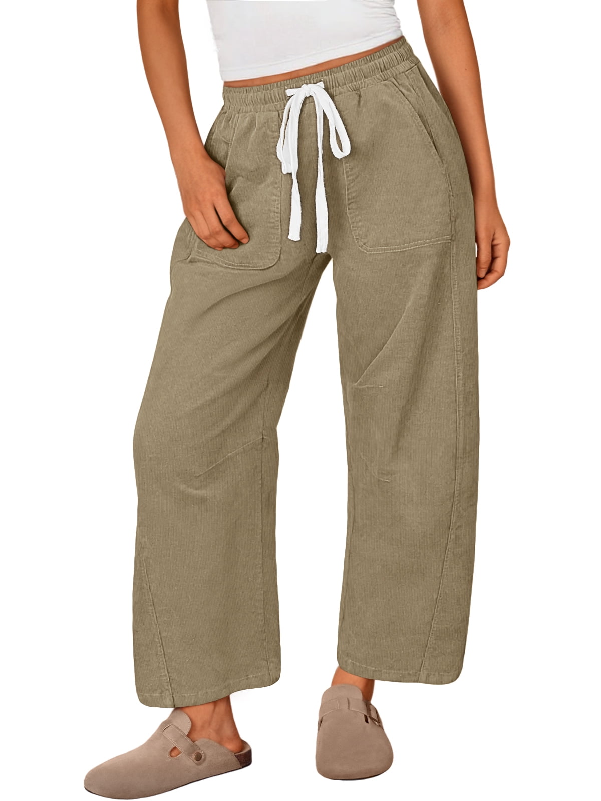 SUNBS Womens Corduroy Pants Fall Barrel Linen Pant Winter Casual Wide Leg Trousers with Pockets
