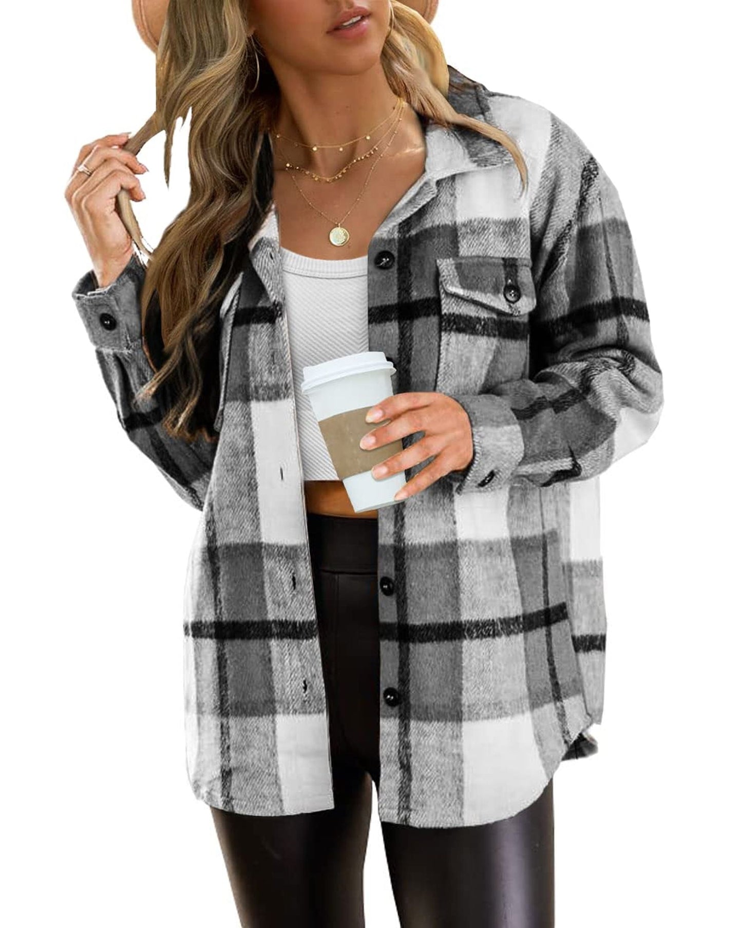 SUNBS Flannel Shirt Women Button Down Shacket Jackets Long Sleeve Plaid Shirts Blouses for Womens