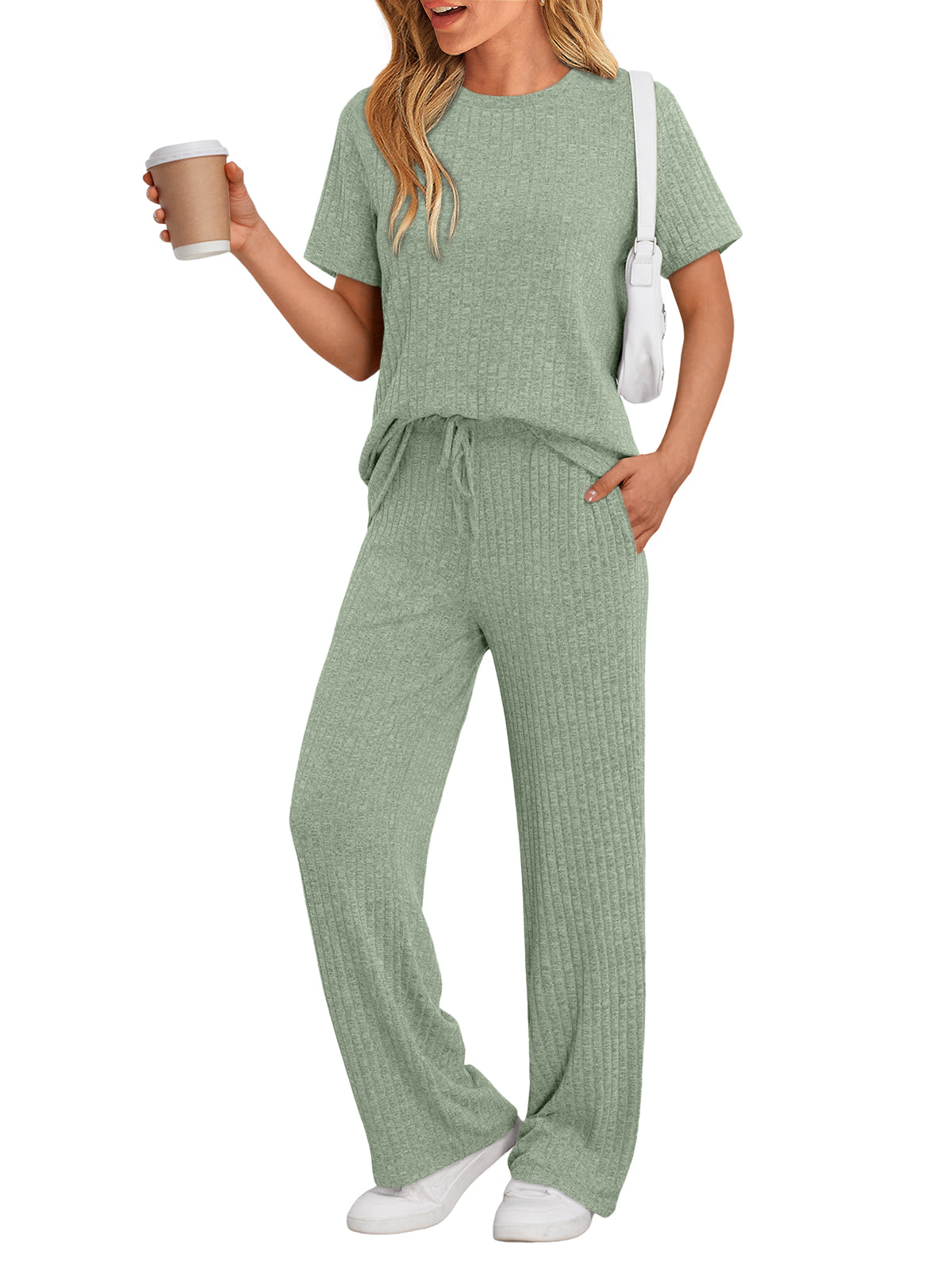 SUNBS Two Piece Lounge Sets for Women Matching Outfits Casual Ribbed Knit Pajamas Set Wide Leg Pants Trendy Clothes 2025