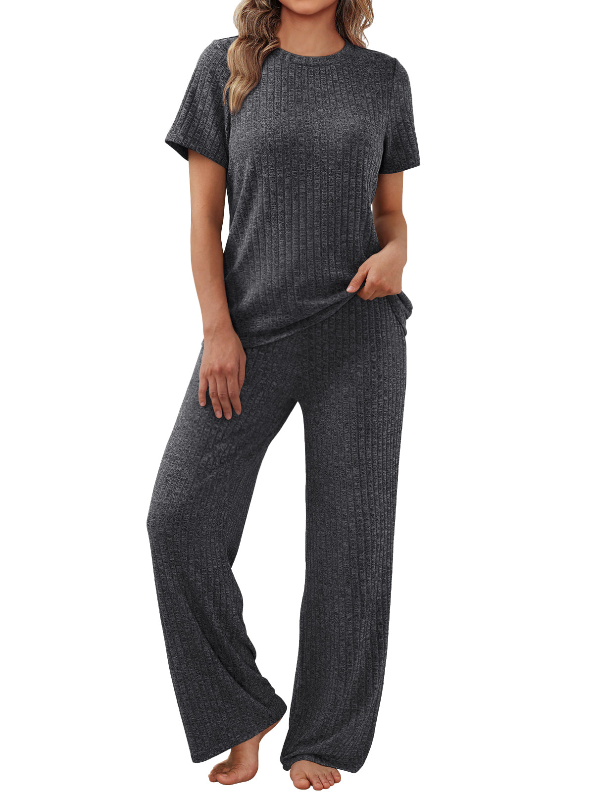 SUNBS Two Piece Lounge Sets for Women Matching Outfits Casual Ribbed Knit Pajamas Set Wide Leg Pants Trendy Clothes 2025