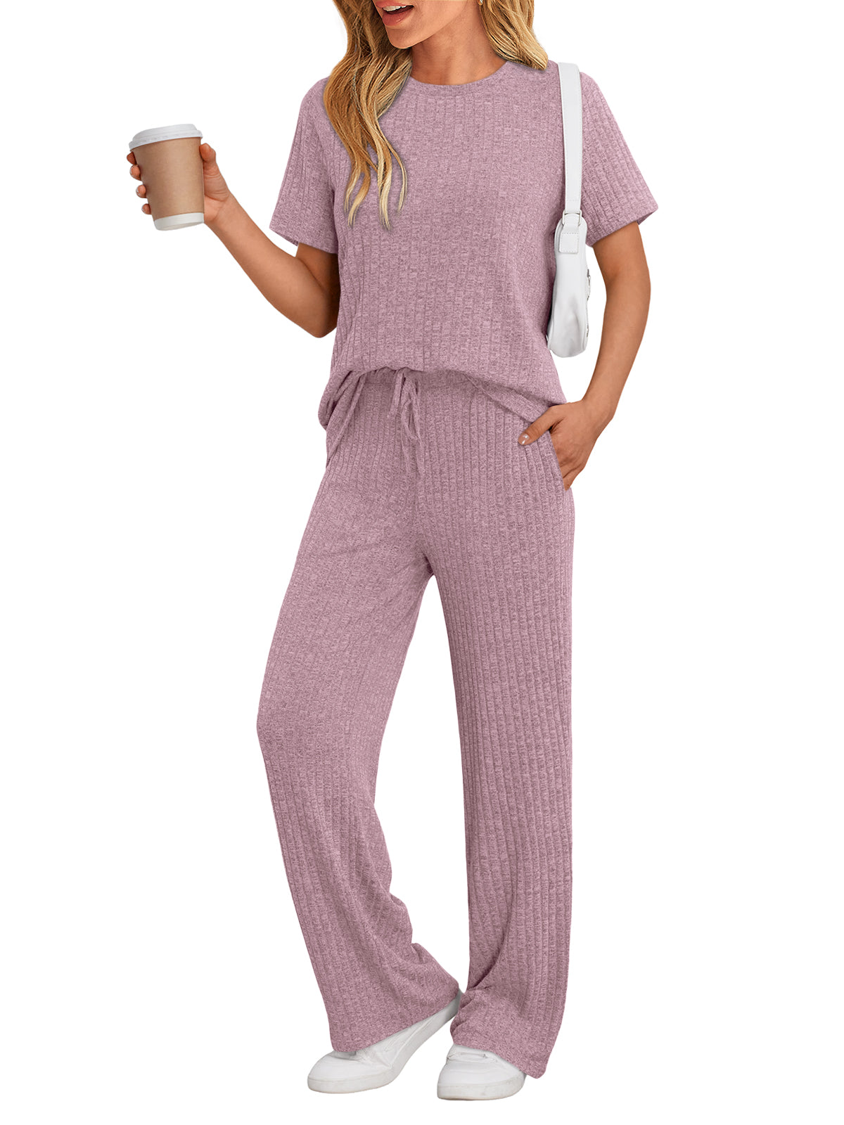 SUNBS Two Piece Lounge Sets for Women Matching Outfits Casual Ribbed Knit Pajamas Set Wide Leg Pants Trendy Clothes 2025