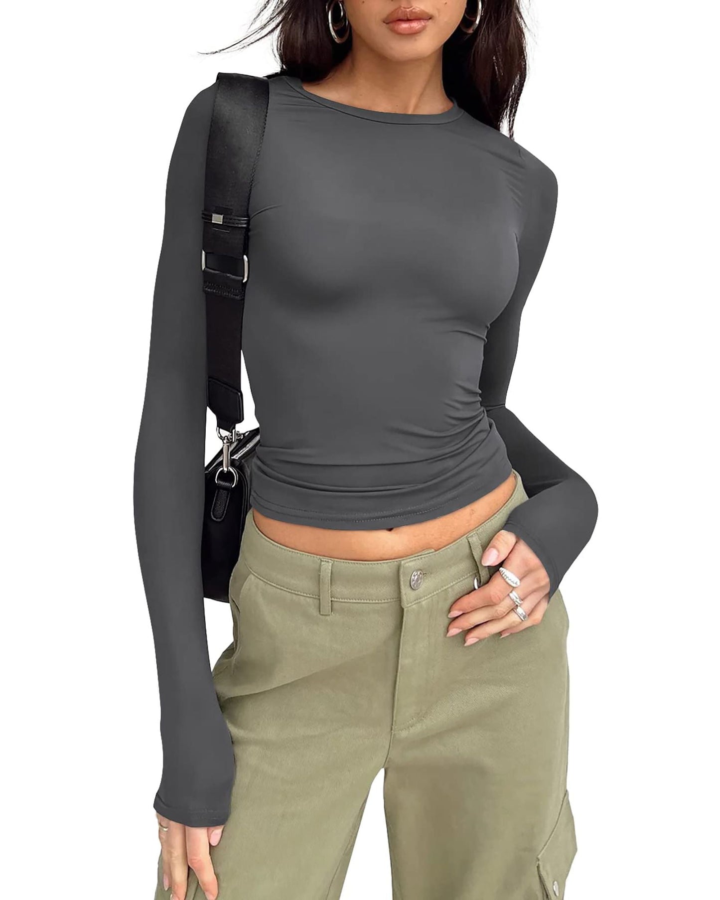 SUNBS Fitted Long Sleeve Shirts for Women Basic Crop Tops Fall Fashion Layering Slim Y2k Trendy Blouse