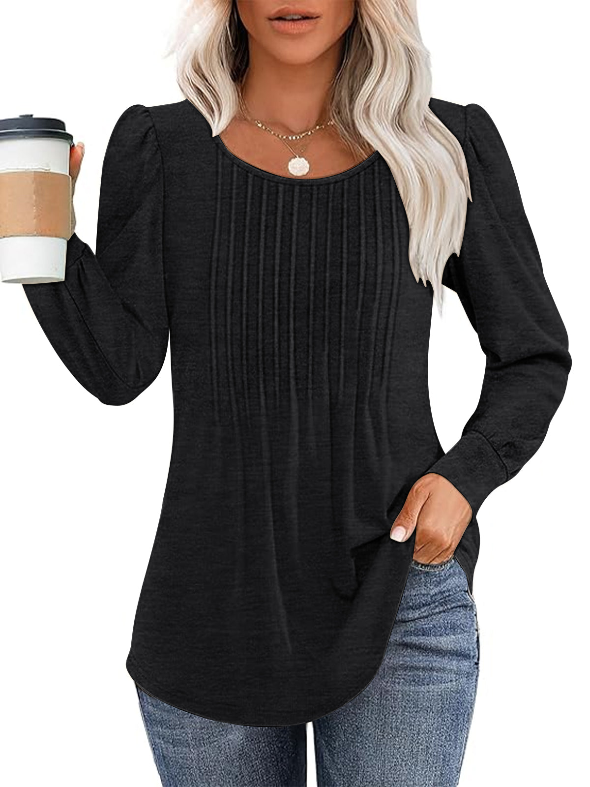 SUNBS Long Sleeve Shirts for Women Business Casual Dressy Tops Crewneck Pleated Blouses Trendy Clothes
