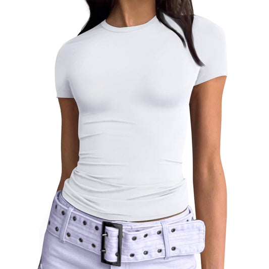 SUNBS Womens Basic T-Shirts Scoop Neck Short Sleeve Crop Tops Cute Summer Tops Slim Fit Tees Y2k Clothing 2025