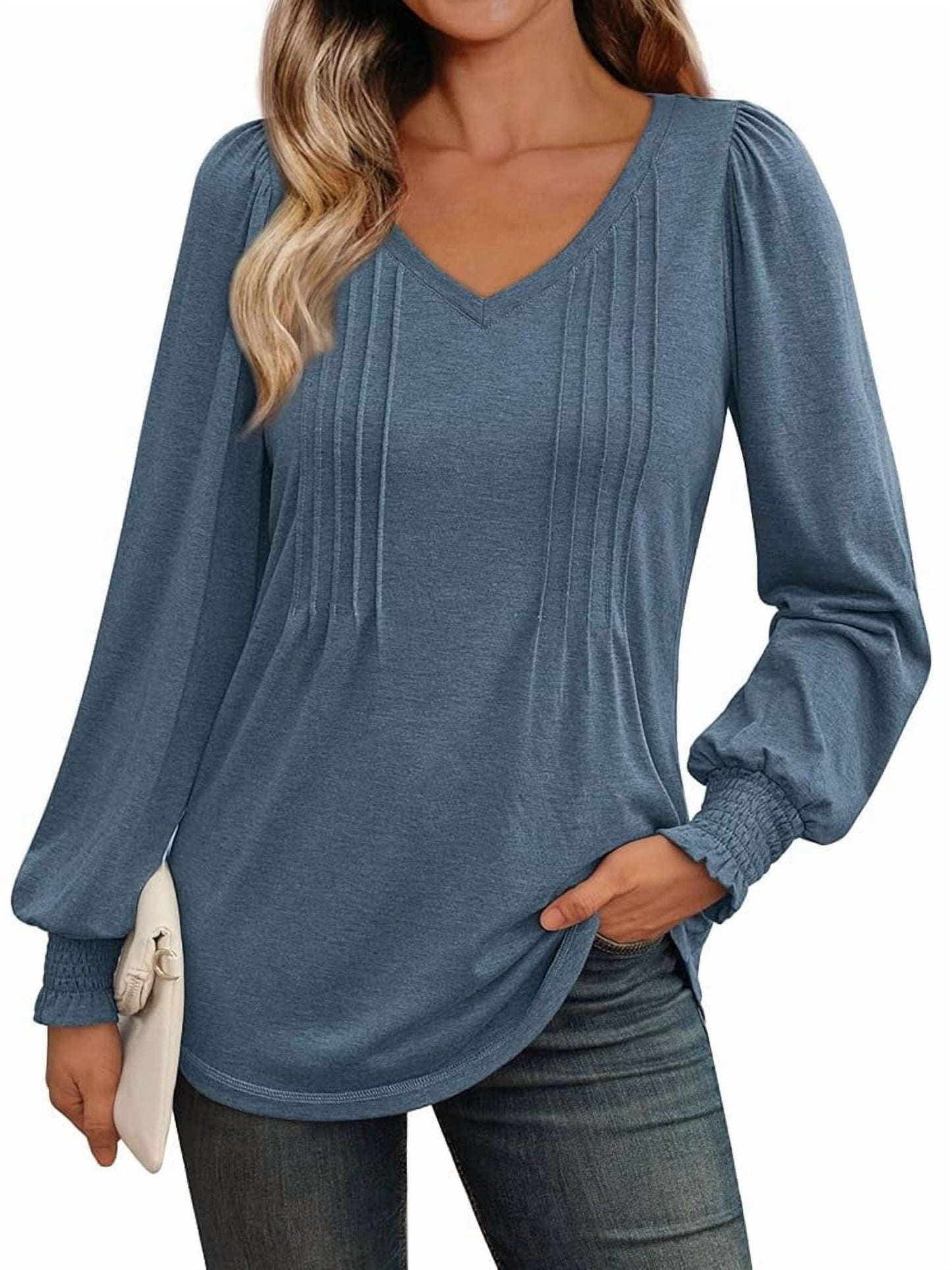 SUNBS Pleated Blouses for Women Long Sleeve Shirts Dressy Tunic Tops Crewneck Trendy Clothes