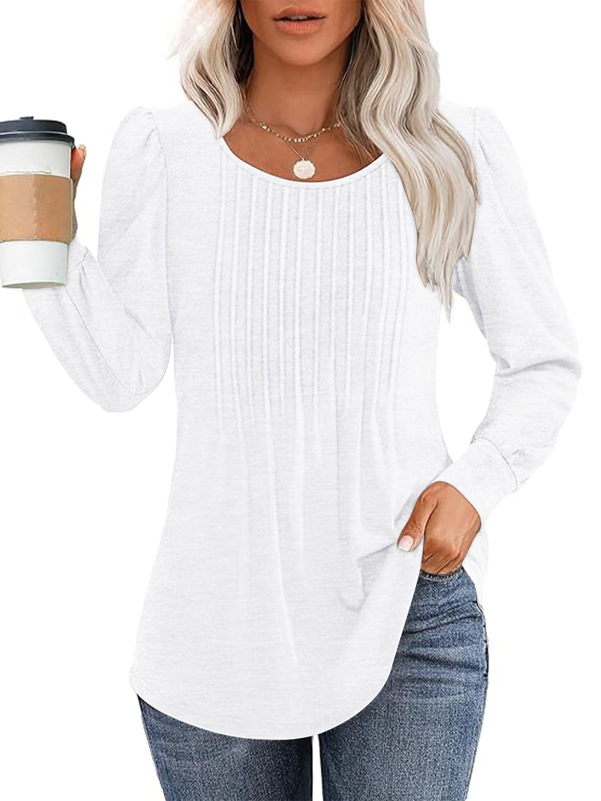 SUNBS Long Sleeve Shirts for Women Business Casual Dressy Tops Crewneck Pleated Blouses Trendy Clothes