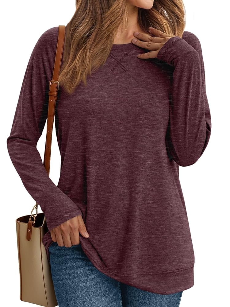 SUNBS Long Sleeve Shirts for Women Casual Work Tops Crewneck Blouses Loose Fit Clothes Trendy