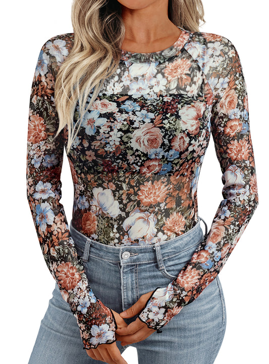 SUNBS Womens Floral Mesh Sheer Lace Going Out Trendy Tops Spring Fashion Summer Outfits Clothes SUN