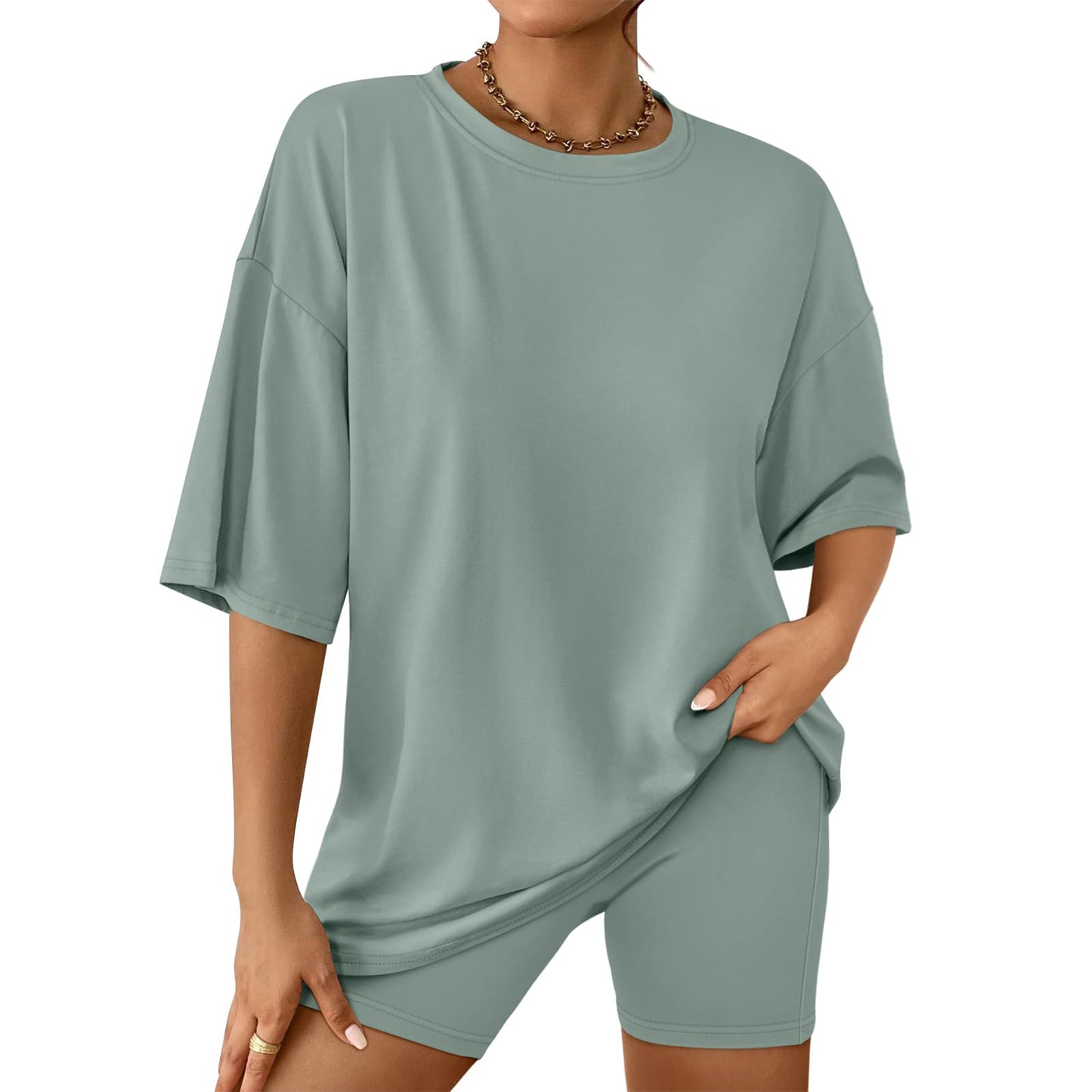 SUNBS Women's Lounge Set Womens 2 Piece Sets Matching Clothing Oversized Tshirts Biker Short Summer Outfits 2025