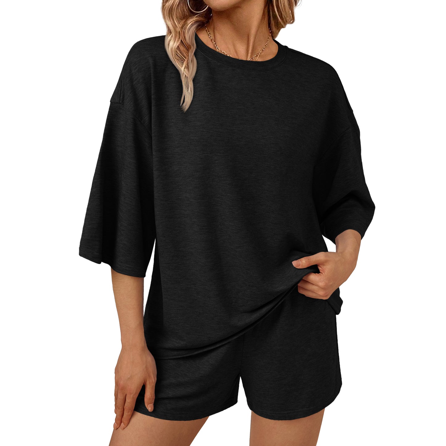 SUNBS 2 Piece Outfit for Women Lounge Sets Two Piece Set Summer Sets 3/4 Sleeve Oversized Tshirts Elastic Waist Short