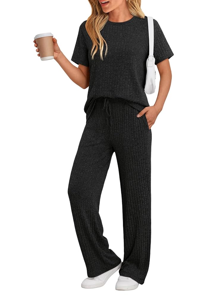 SUNBS Two Piece Lounge Sets for Women Matching Outfits Casual Ribbed Knit Pajamas Set Wide Leg Pants Trendy Clothes 2025