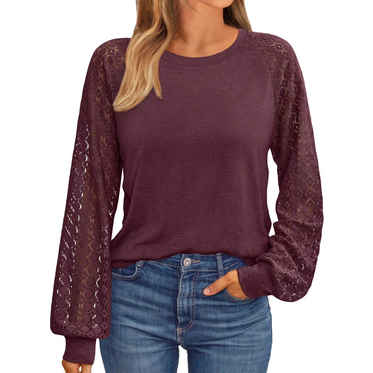 SUNBS Women Blouses Hollow-Out Lace Tops Crew Neck Long Sleeve Shirts for Women 2025 Trendy Clothes