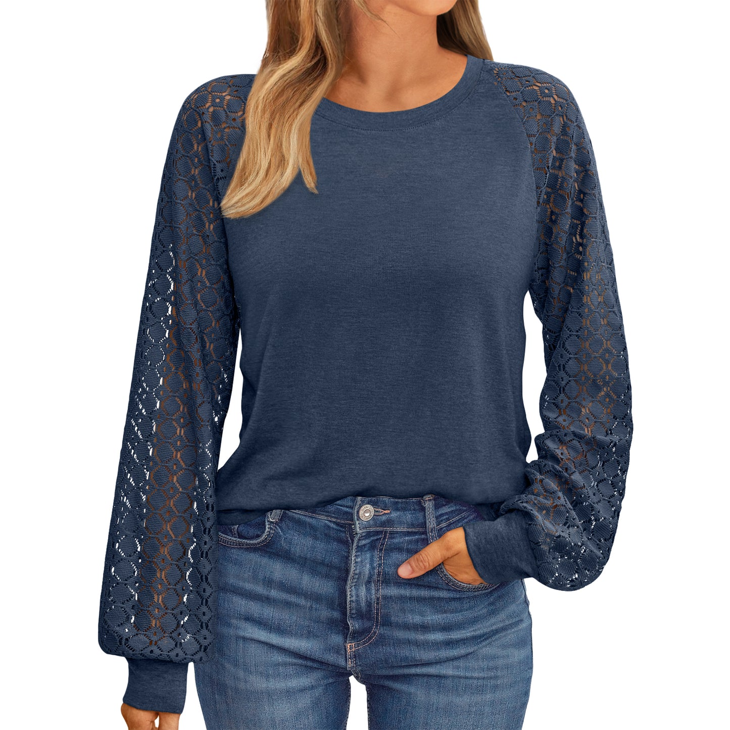 SUNBS Women Blouses Hollow-Out Lace Tops Crew Neck Long Sleeve Shirts for Women 2025 Trendy Clothes