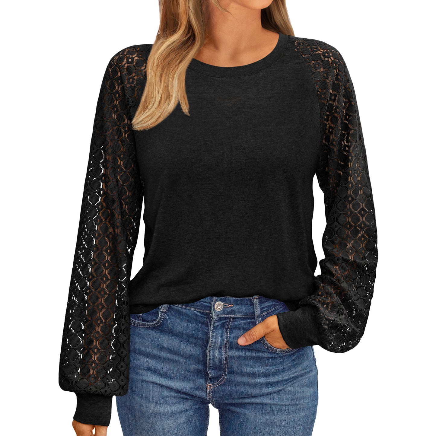 SUNBS Women Blouses Hollow-Out Lace Tops Crew Neck Long Sleeve Shirts for Women 2025 Trendy Clothes