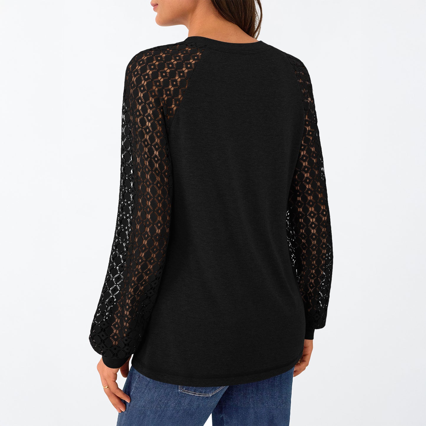 SUNBS Women Blouses Hollow-Out Lace Tops Crew Neck Long Sleeve Shirts for Women 2025 Trendy Clothes