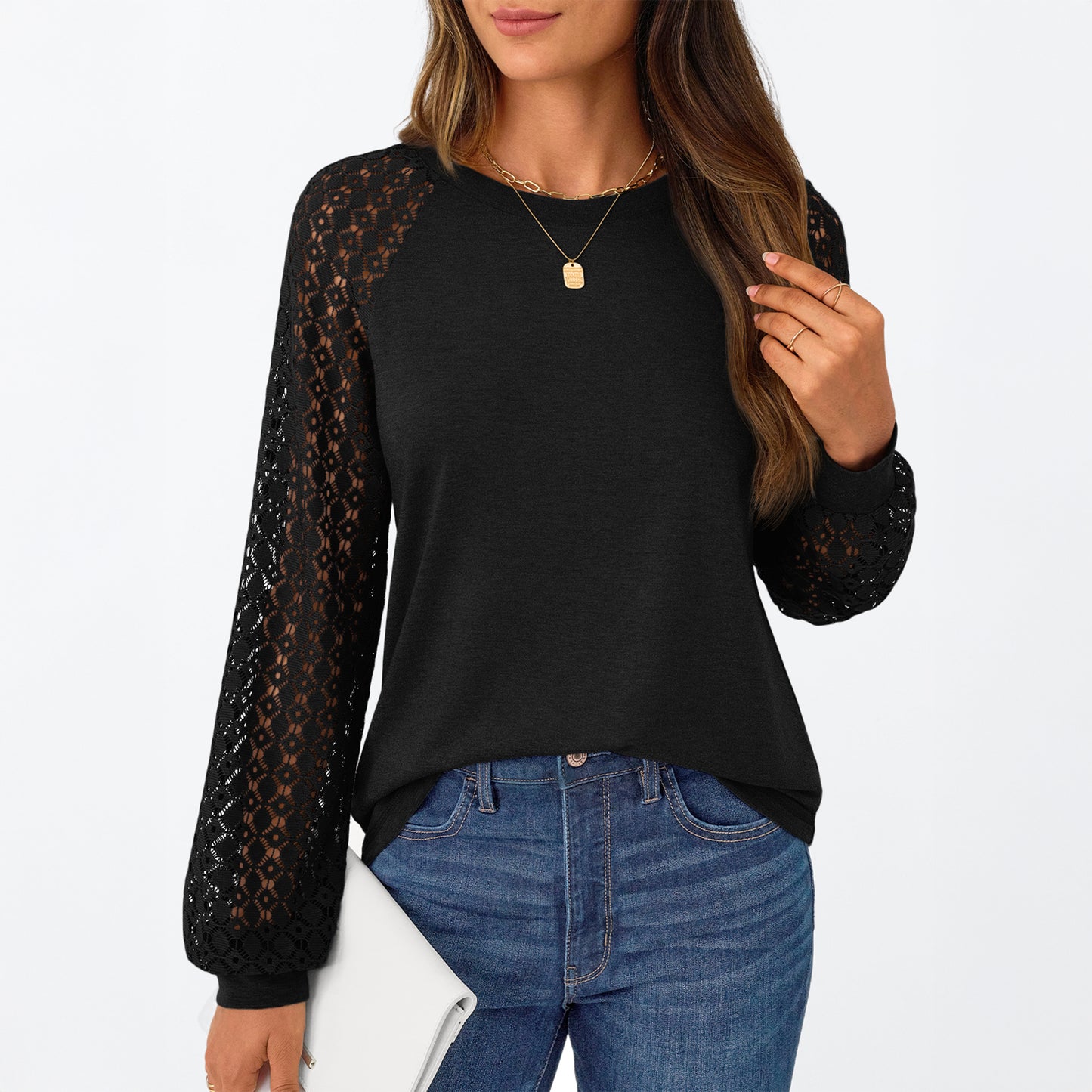 SUNBS Women Blouses Hollow-Out Lace Tops Crew Neck Long Sleeve Shirts for Women 2025 Trendy Clothes