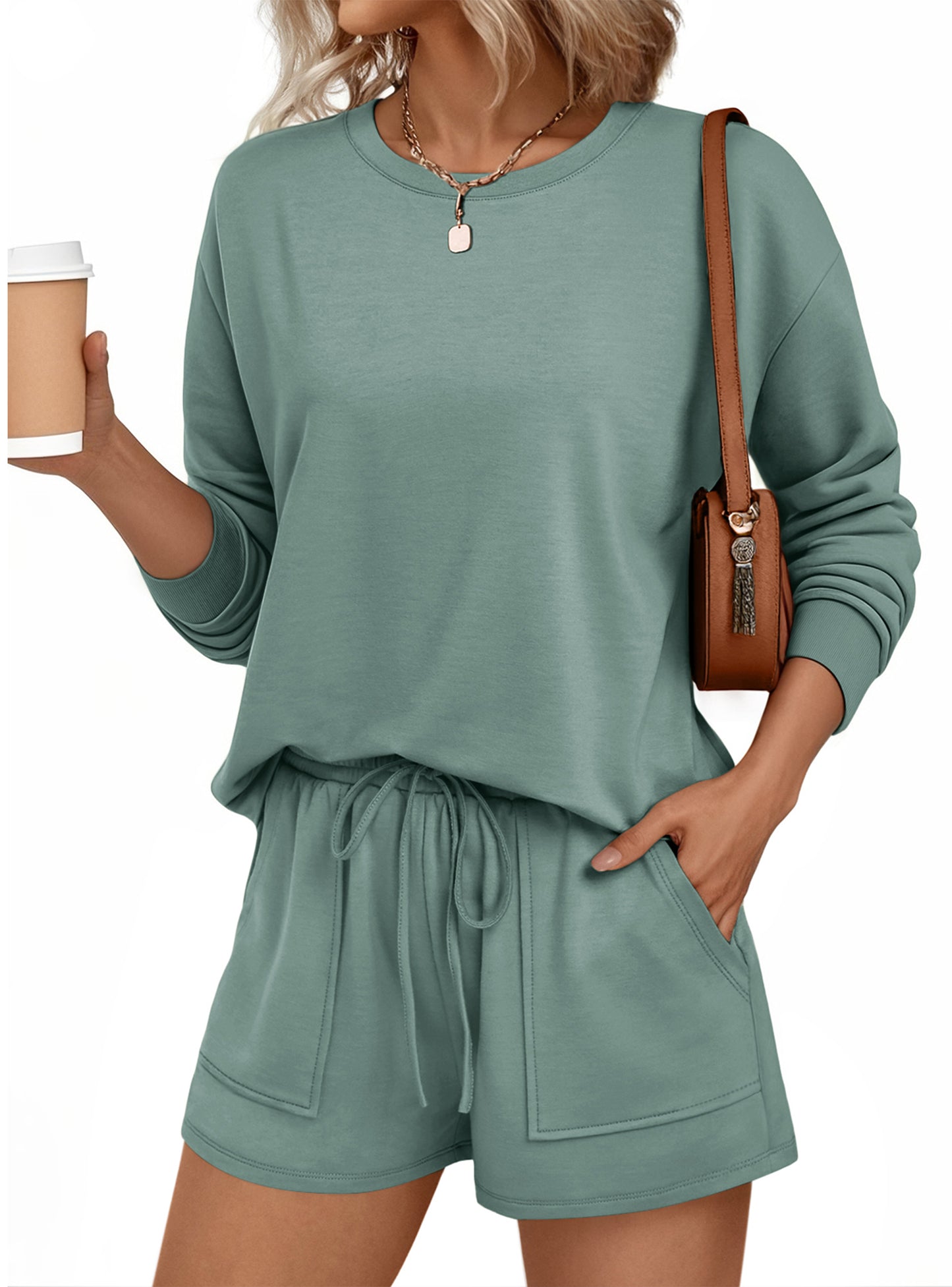 SUNBS Womens Crew Neck Two Piece Short Sets Long Sleeve Drawstring Summer Sweatsuit with Pocket