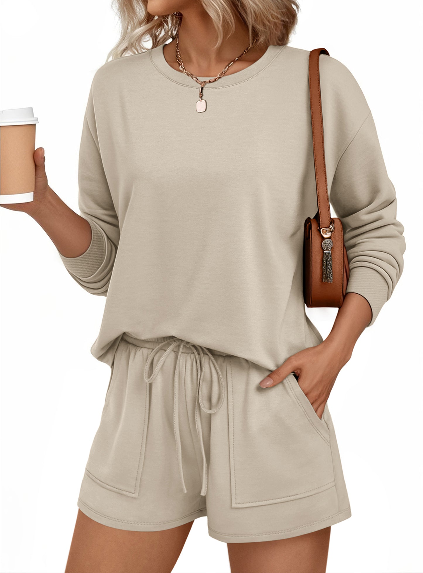 SUNBS Womens Crew Neck Two Piece Short Sets Long Sleeve Drawstring Summer Sweatsuit with Pocket