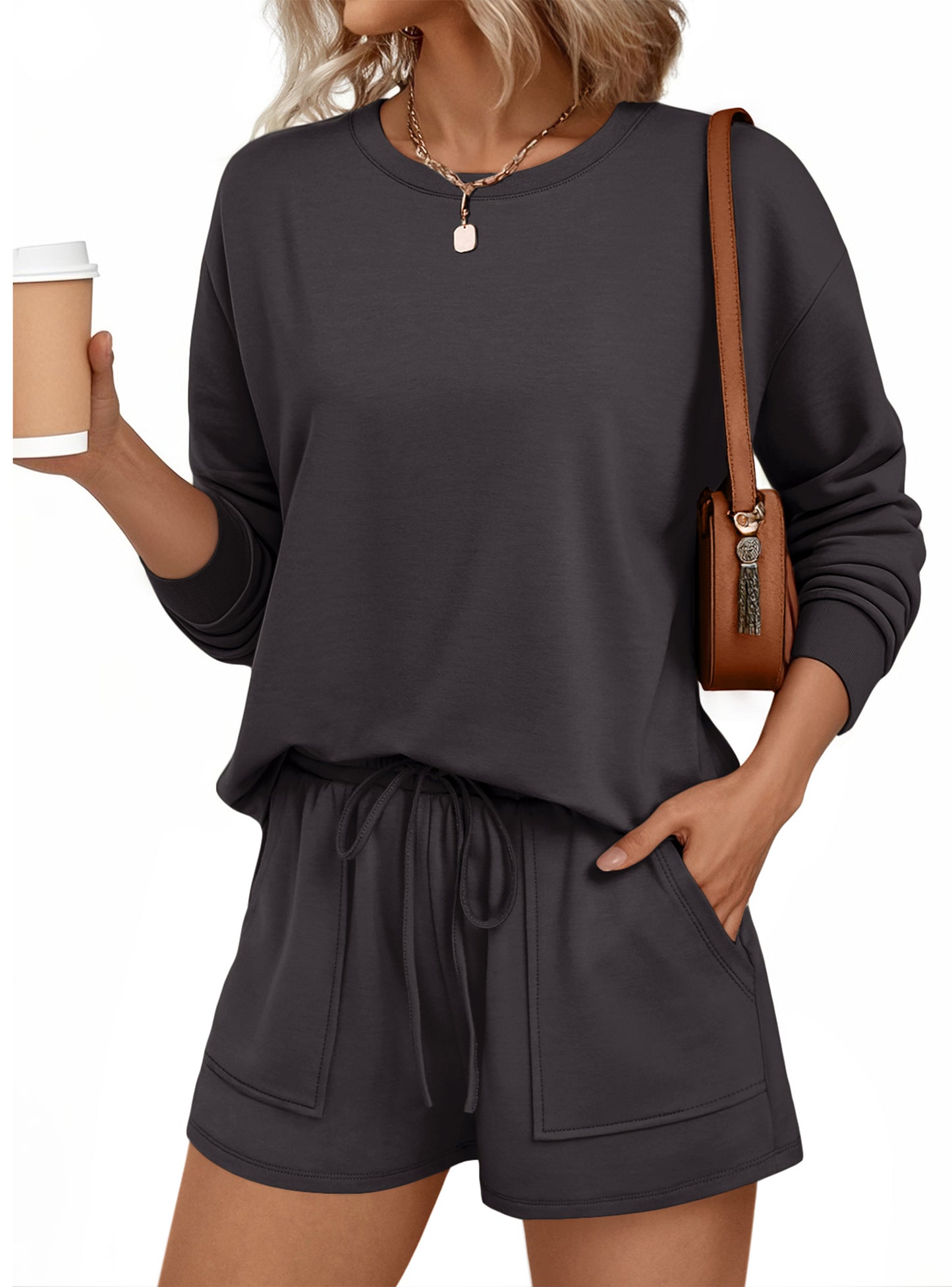 SUNBS Womens Crew Neck Two Piece Short Sets Long Sleeve Drawstring Summer Sweatsuit with Pocket