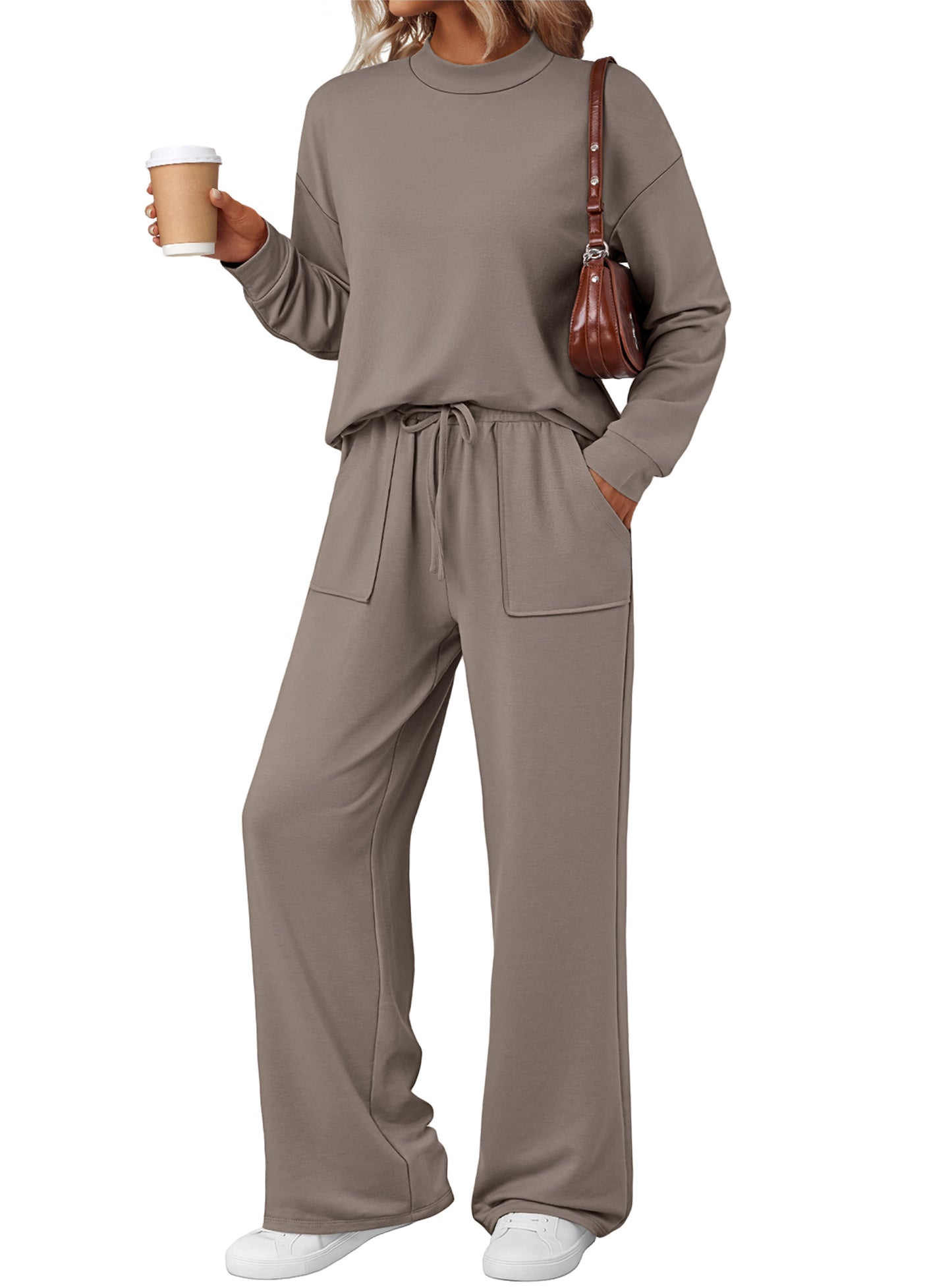 SUNBS Two Piece Sets for Women Fall Outfits Lounge Sets Mock Neck Tops Wide Leg Pants Vacation Travel Airport Outfits