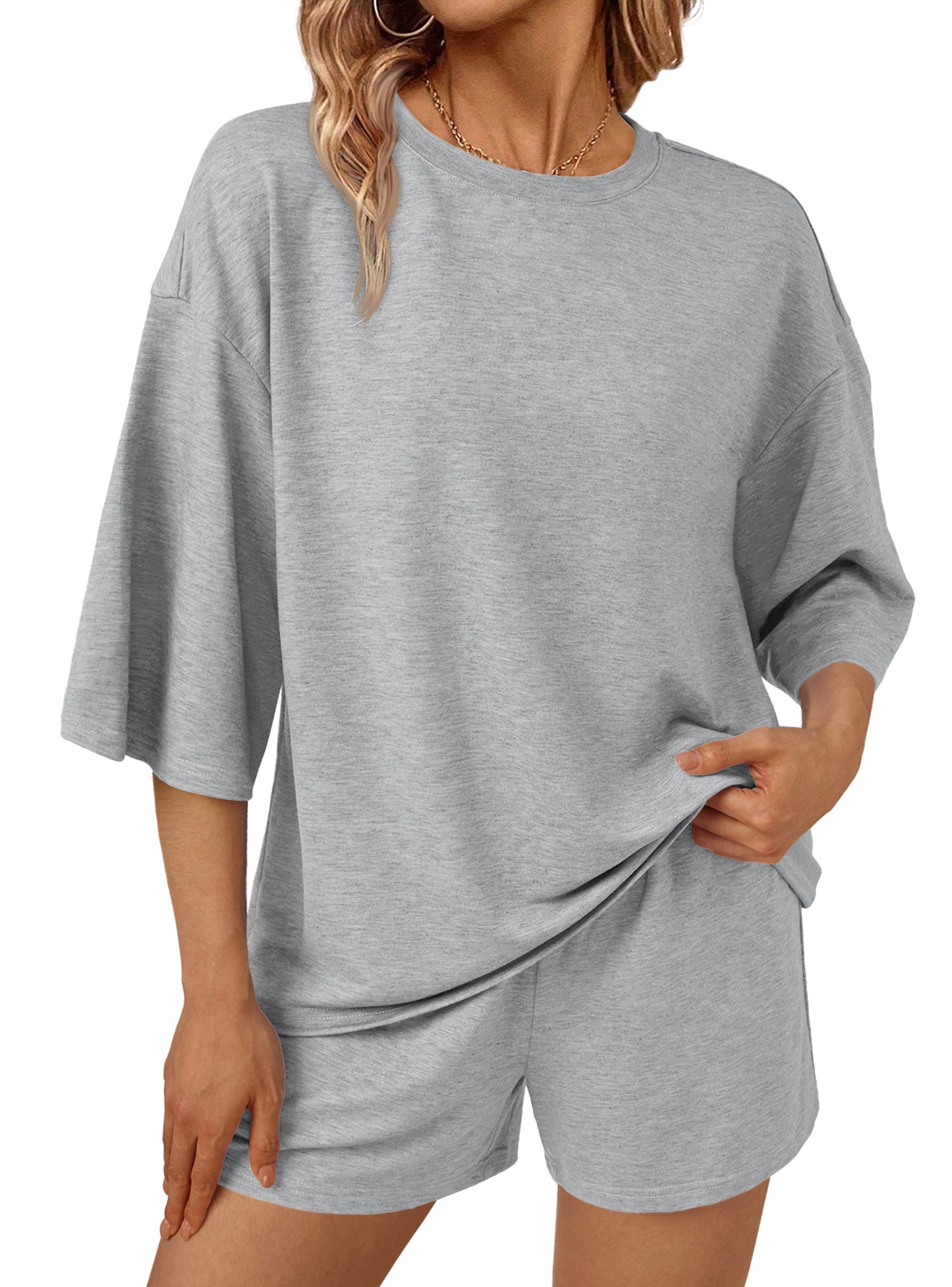 SUNBS 2 Piece Outfit for Women Lounge Sets Two Piece Set Summer Sets 3/4 Sleeve Oversized Tshirts Elastic Waist Short