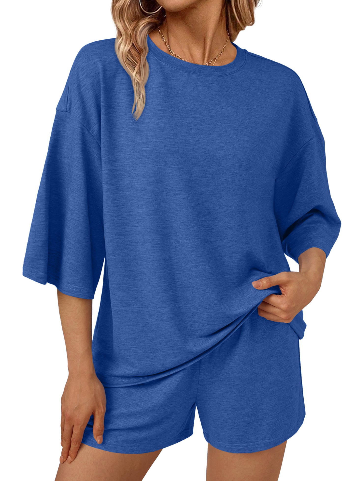 SUNBS 2 Piece Outfit for Women Lounge Sets Two Piece Set Summer Sets 3/4 Sleeve Oversized Tshirts Elastic Waist Short