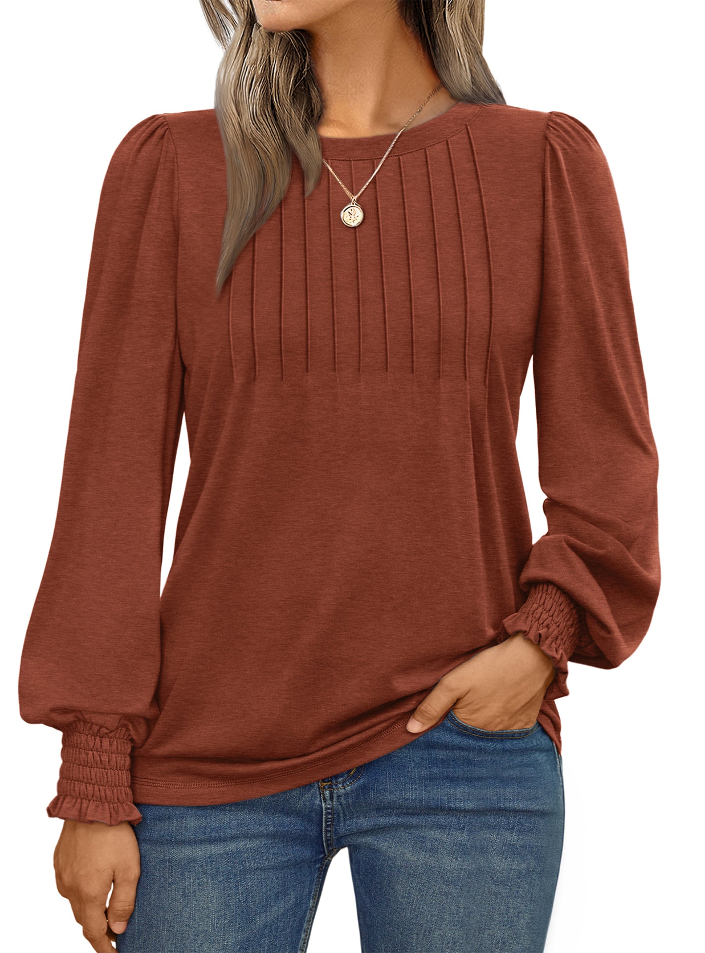 SUNBS Long Sleeve Shirts for Women Pleated Crewneck Fall Winter Casual Blouses, Sizes S-2XL