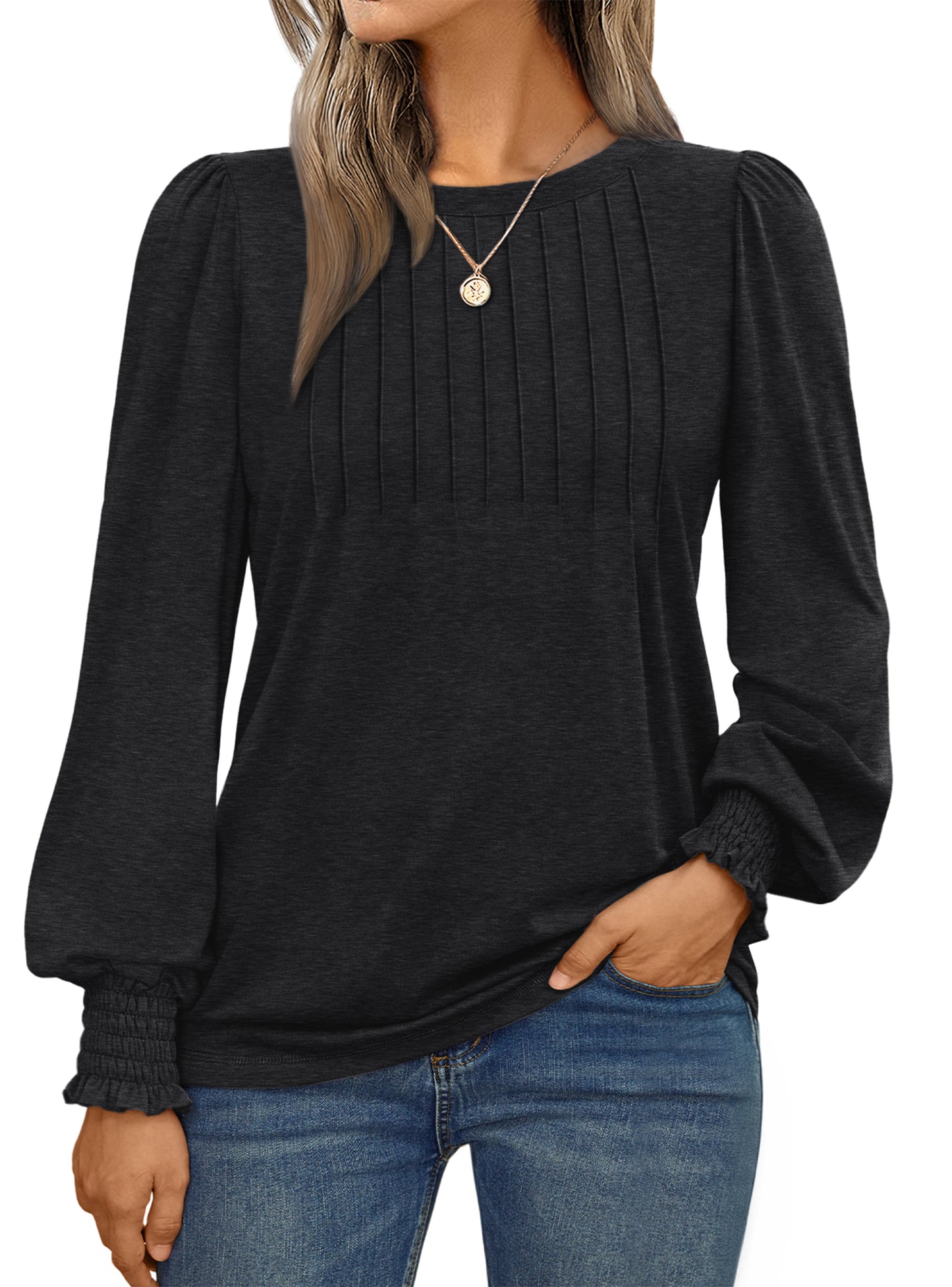 SUNBS Long Sleeve Shirts for Women Pleated Crewneck Fall Winter Casual Blouses, Sizes S-2XL