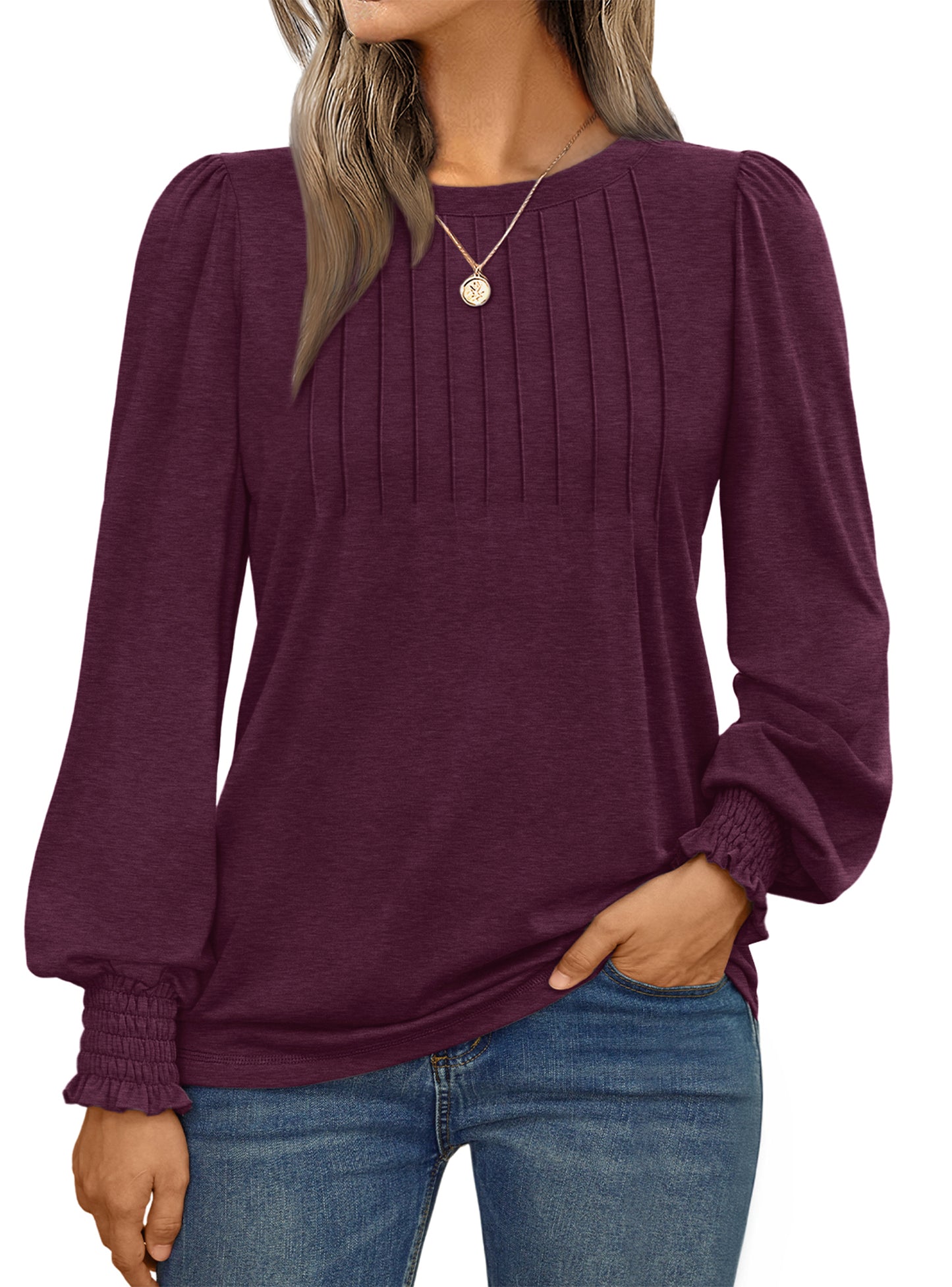 SUNBS Long Sleeve Shirts for Women Pleated Crewneck Fall Winter Casual Blouses, Sizes S-2XL