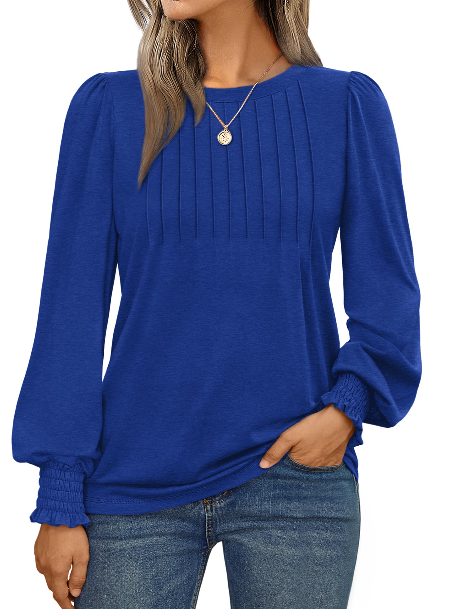 SUNBS Long Sleeve Shirts for Women Pleated Crewneck Fall Winter Casual Blouses, Sizes S-2XL