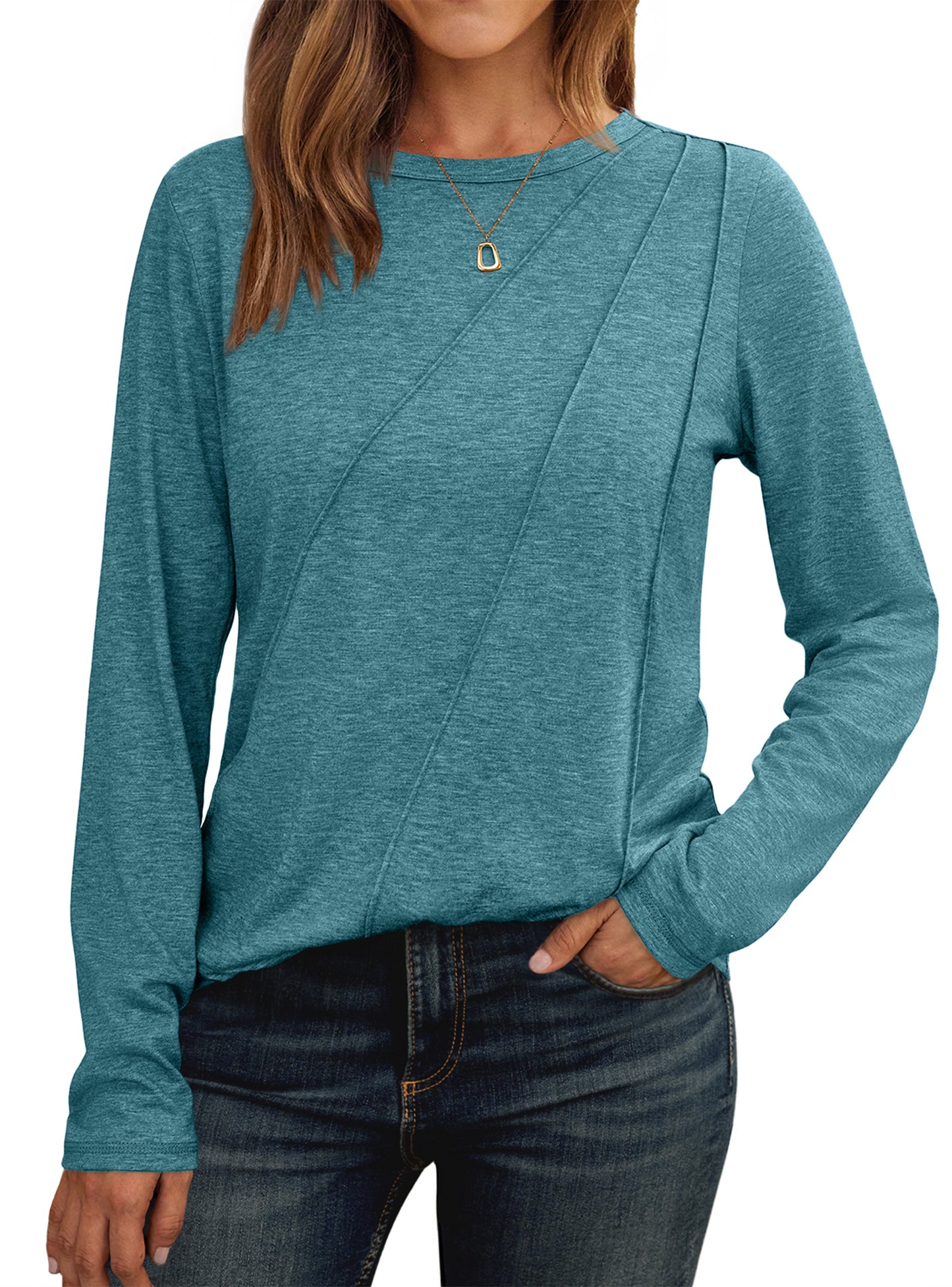 SUNBS Long Sleeve Shirts for Women Pleated Crew Neck Casual Fall Fashion Tops Loose Fit Clothes, Sizes S-2XL