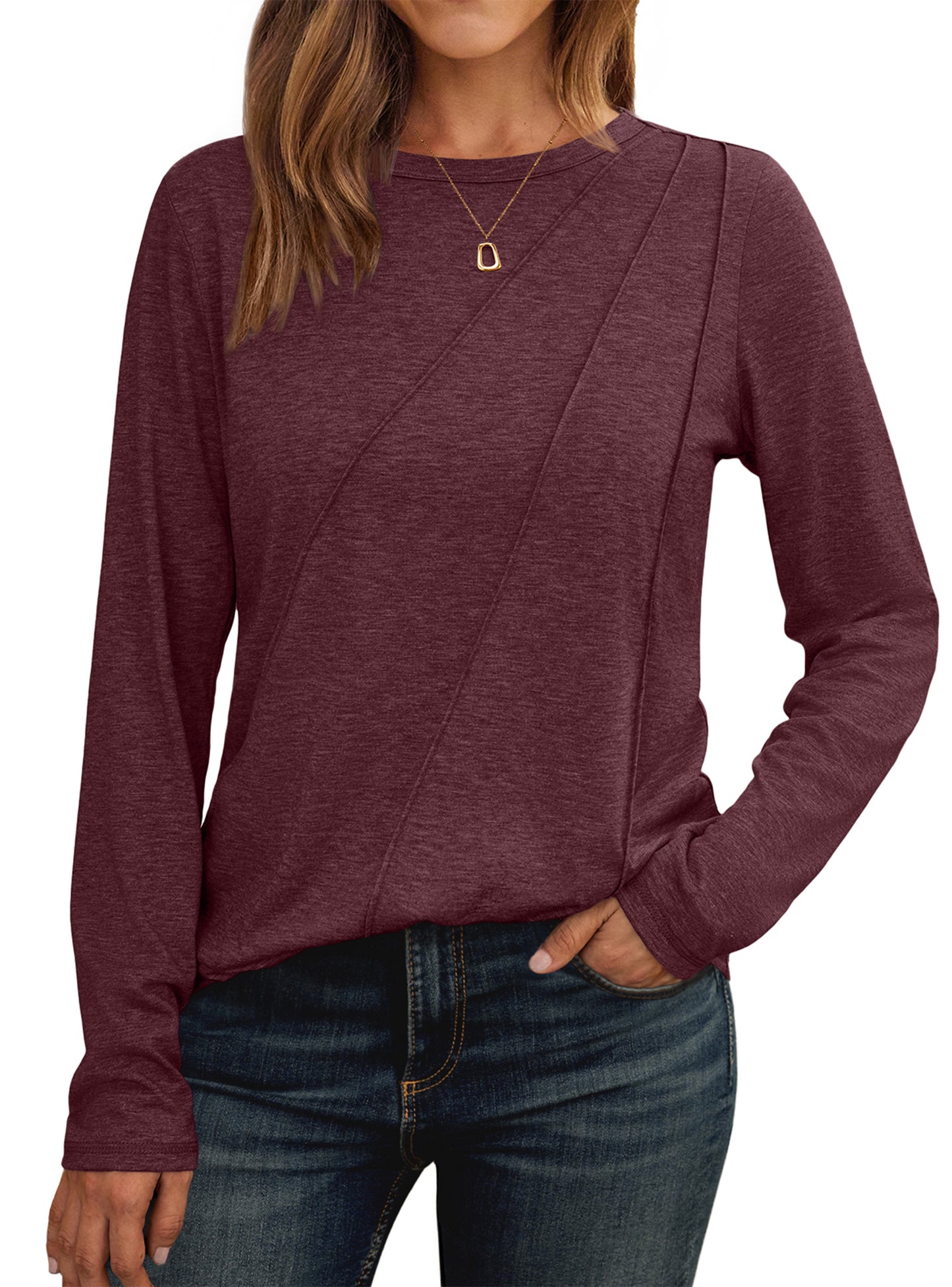 SUNBS Long Sleeve Shirts for Women Pleated Crew Neck Casual Fall Fashion Tops Loose Fit Clothes, Sizes S-2XL