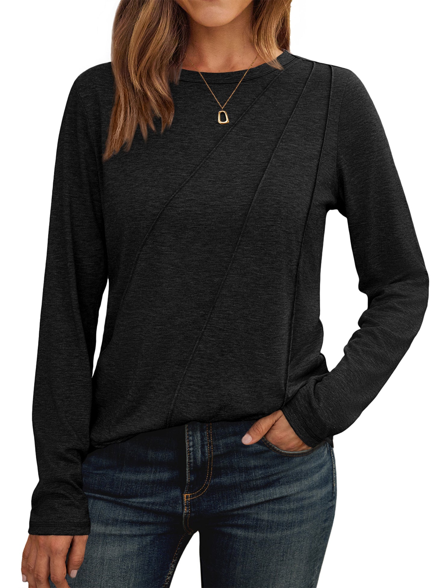 SUNBS Long Sleeve Shirts for Women Pleated Crew Neck Casual Fall Fashion Tops Loose Fit Clothes, Sizes S-2XL