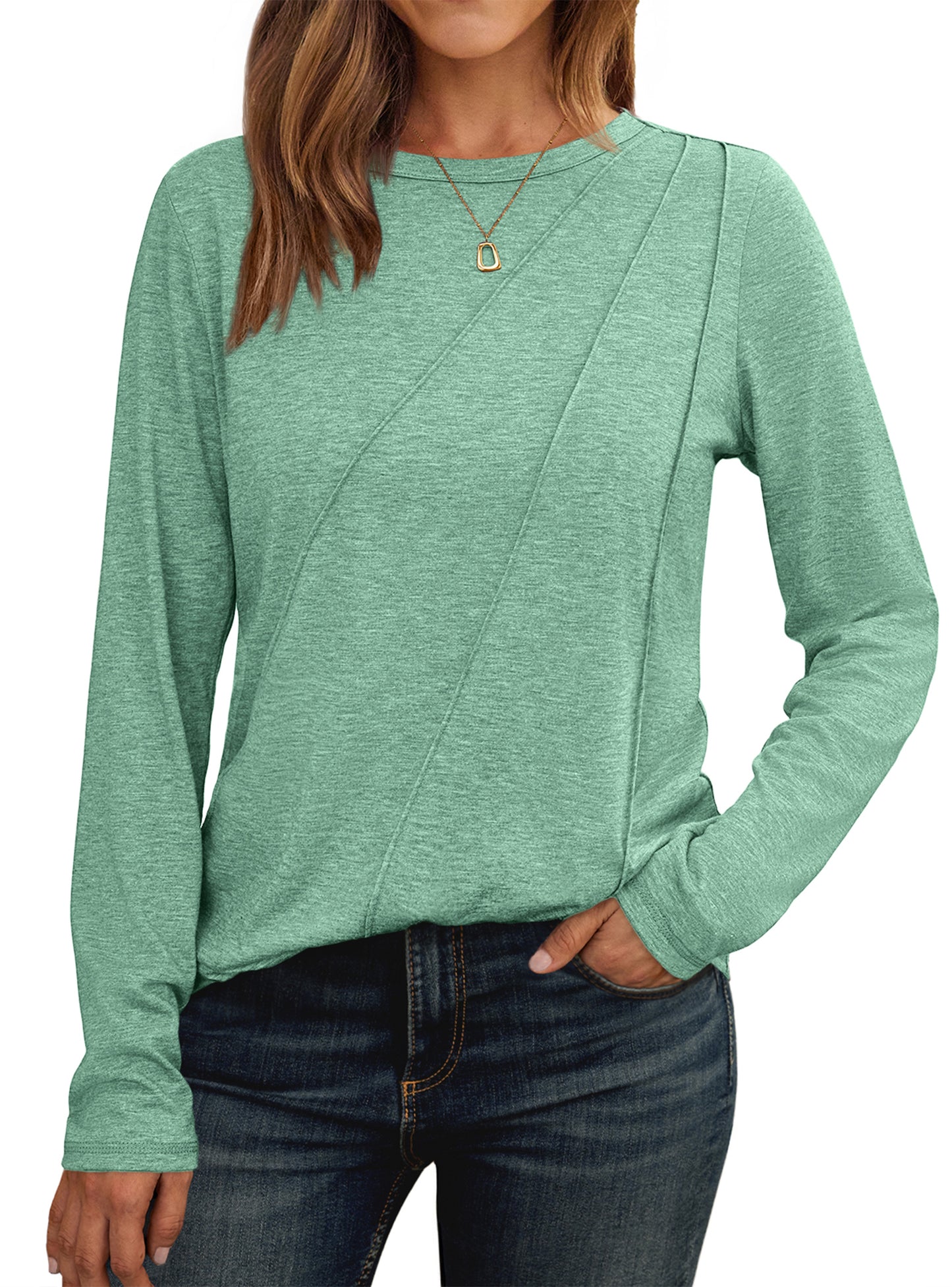 SUNBS Long Sleeve Shirts for Women Pleated Crew Neck Casual Fall Fashion Tops Loose Fit Clothes, Sizes S-2XL