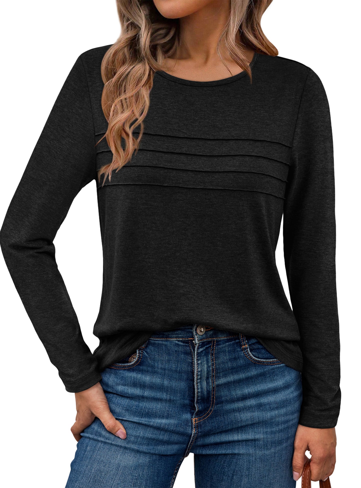 SUNBS Blouses for Women Long Sleeve Shirts Dressy Casual Crew Neck Fall Tops, Sizes S-2XL