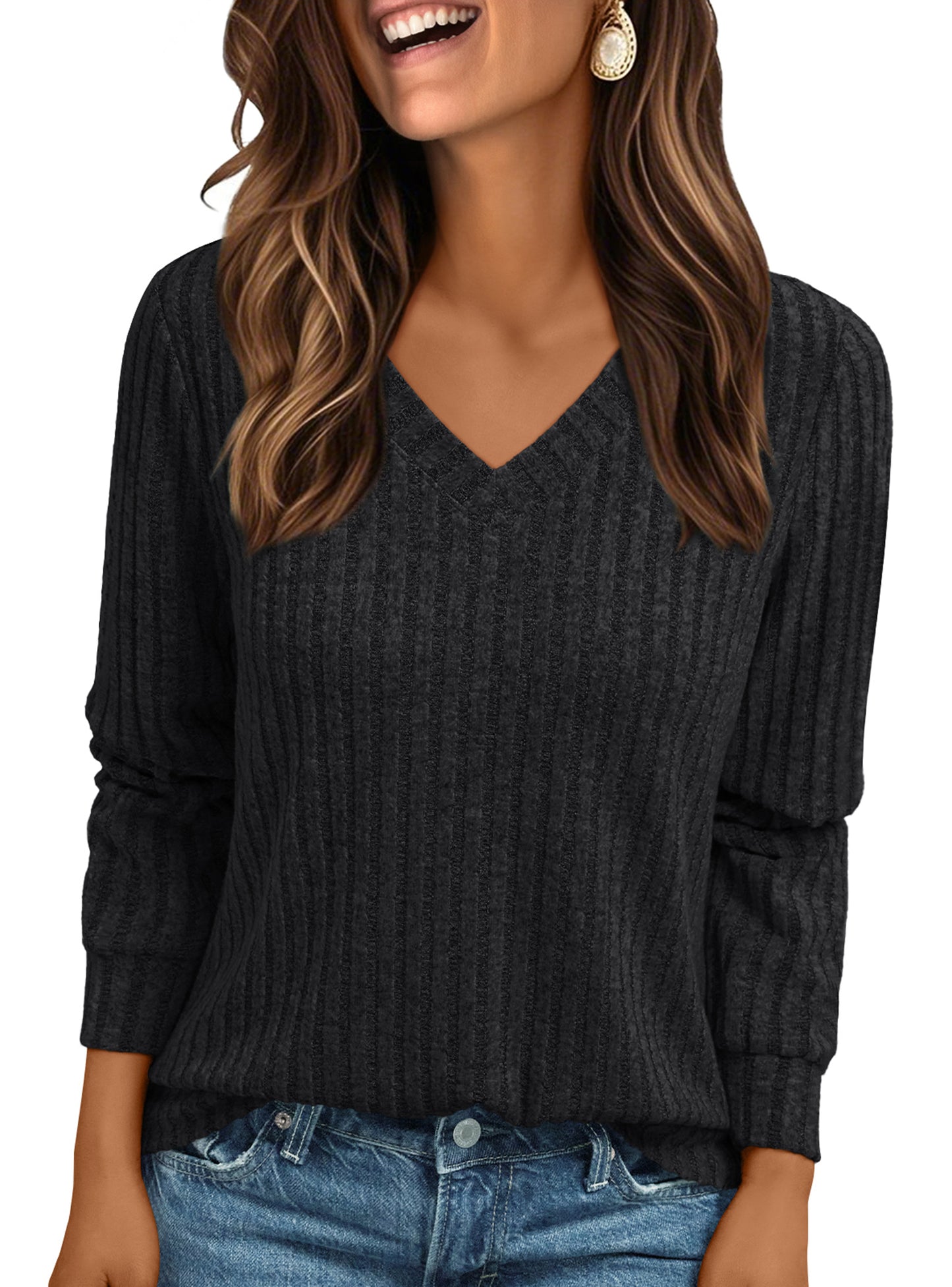SUNBS Long Sleeve Shirts for Women Tunic Sweaters Casual V Neck Fall Winter Fashion Clothes, Sizes S-2XL