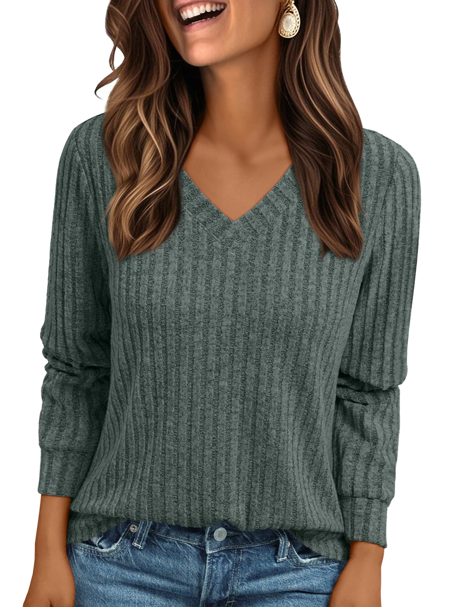 SUNBS Long Sleeve Shirts for Women Tunic Sweaters Casual V Neck Fall Winter Fashion Clothes, Sizes S-2XL