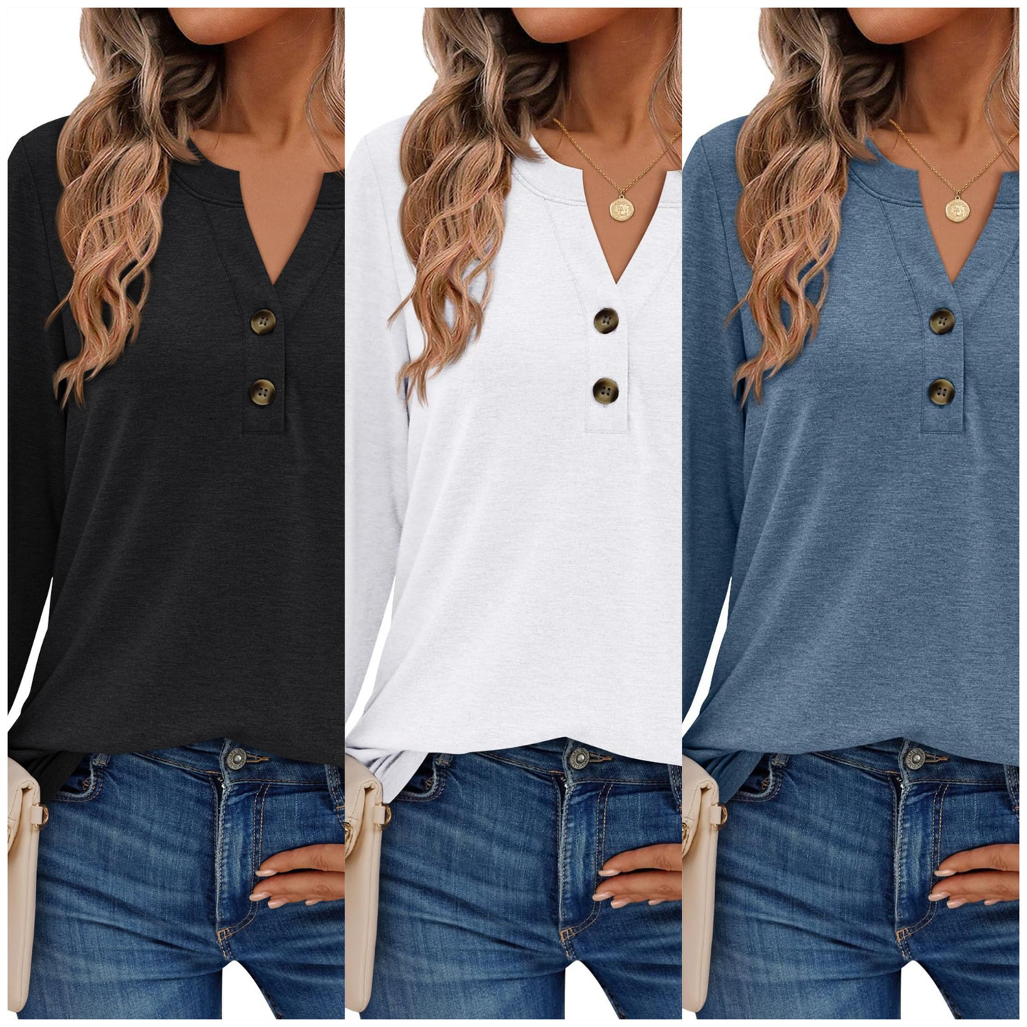 SUNBS 3 Packs Henley Blouses for Women Long Sleeve Shirts Fall Fashion Dressy Casual Tops Cute Work Outfits Clothes