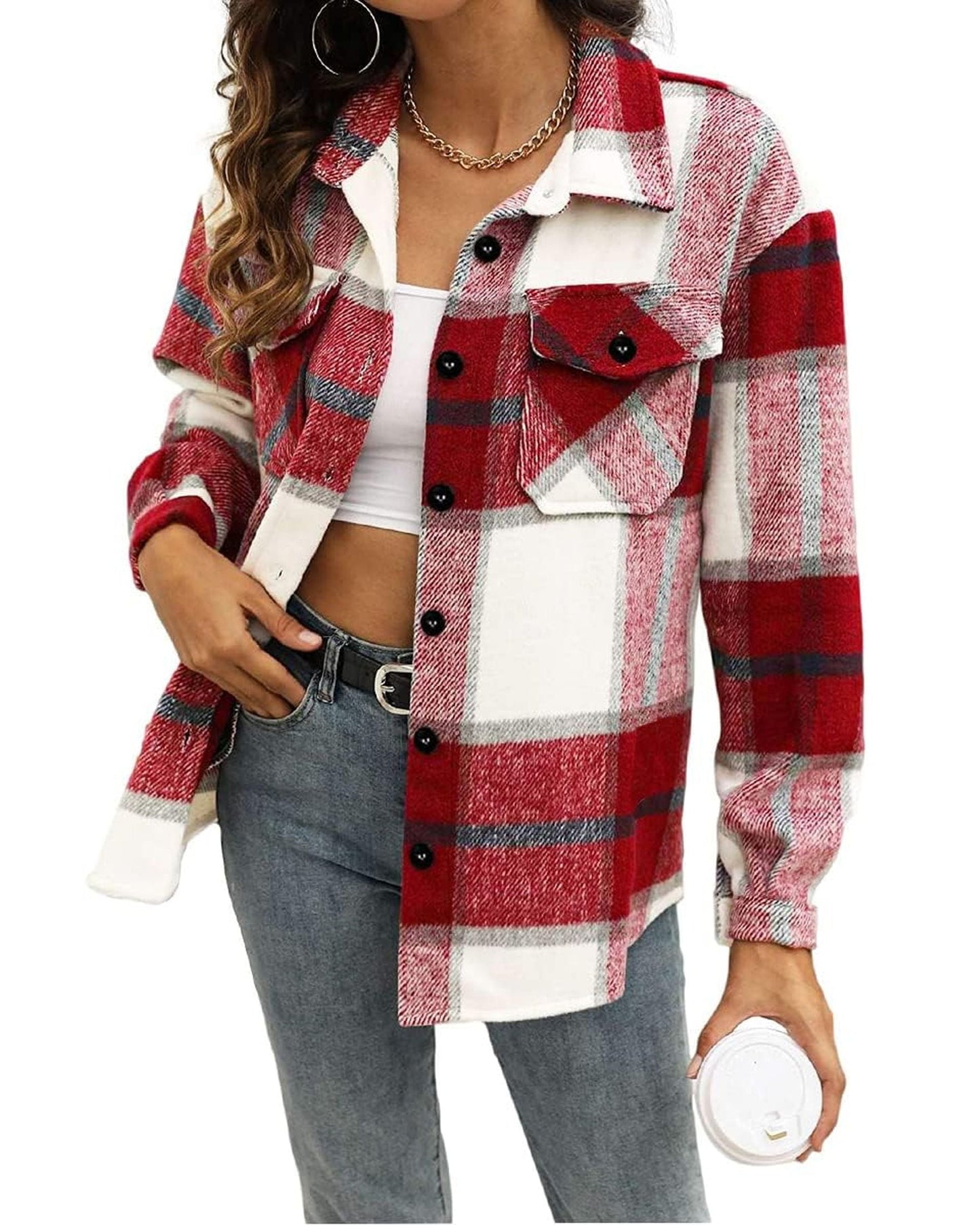 SUNBS Flannel Shirt Women Button Down Shacket Jackets Long Sleeve Plaid Shirts Blouses for Womens