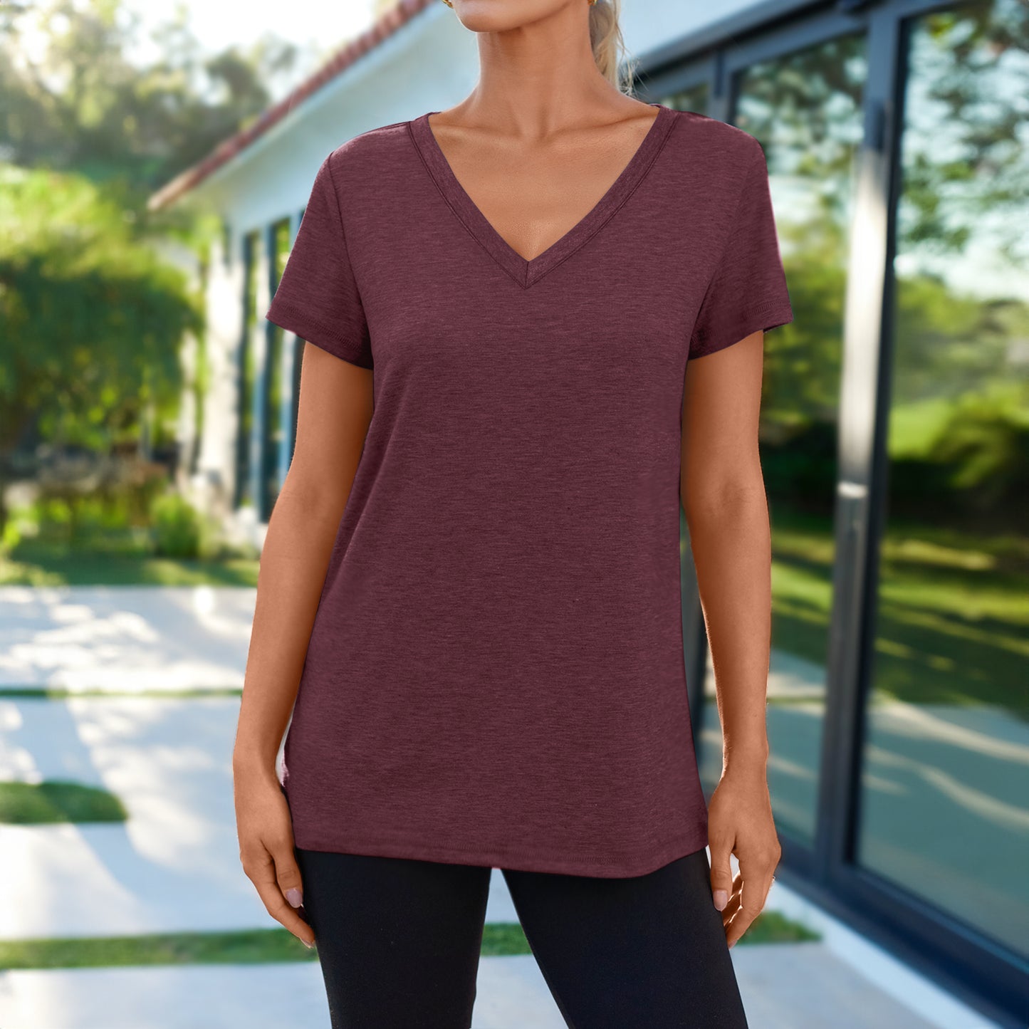 SUNBS Womens Short Sleeve V Neck T Shirts Casual Summer Tops for Women 2025