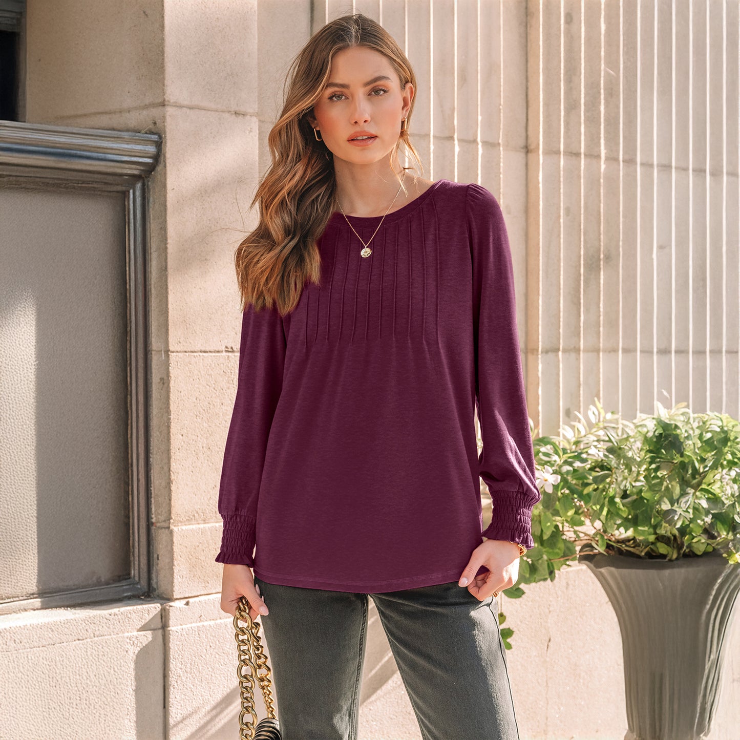 SUNBS Long Sleeve Shirts for Women Pleated Crewneck Fall Winter Casual Blouses, Sizes S-2XL