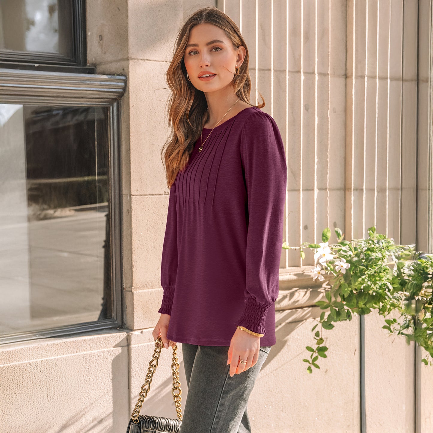 SUNBS Long Sleeve Shirts for Women Pleated Crewneck Fall Winter Casual Blouses, Sizes S-2XL