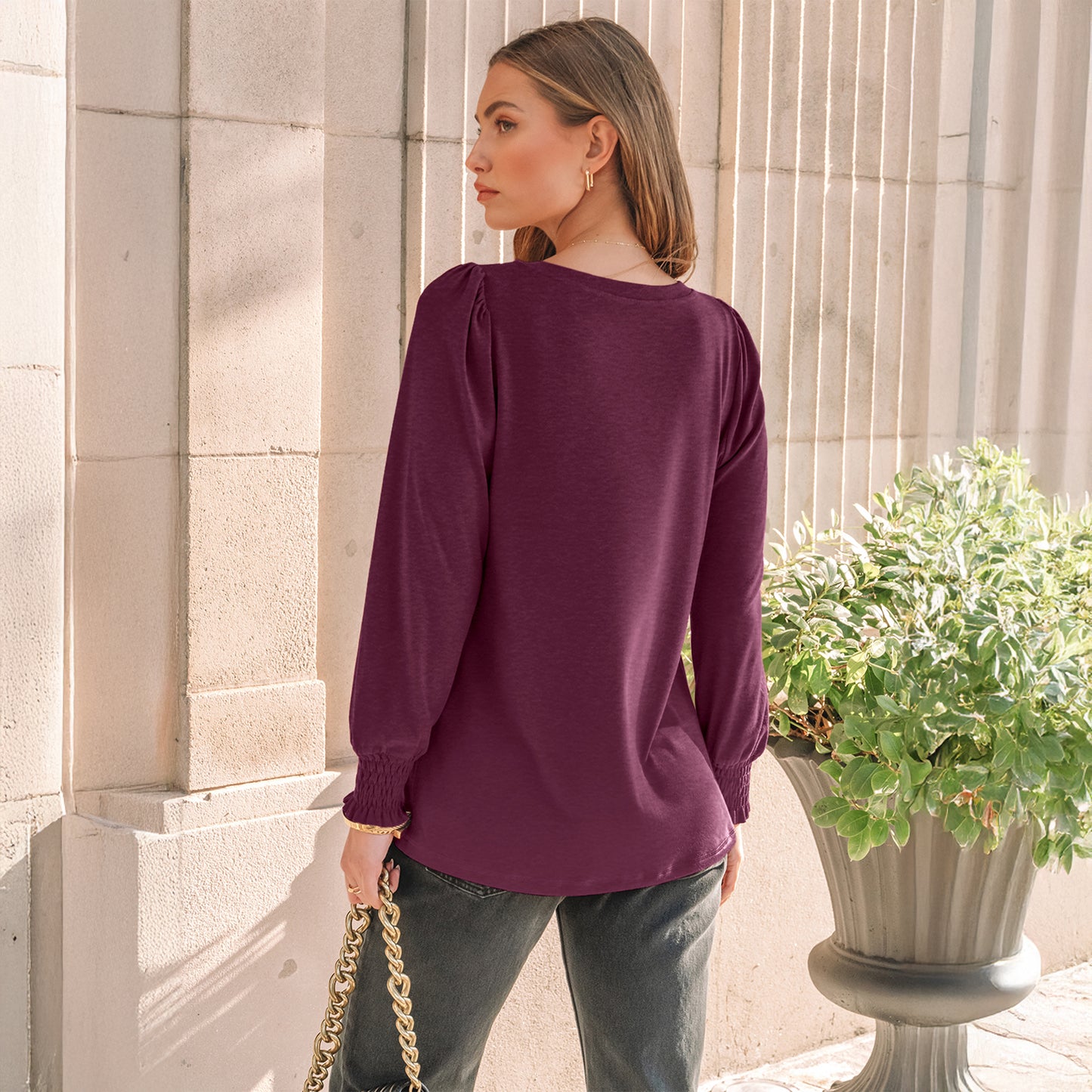 SUNBS Long Sleeve Shirts for Women Pleated Crewneck Fall Winter Casual Blouses, Sizes S-2XL